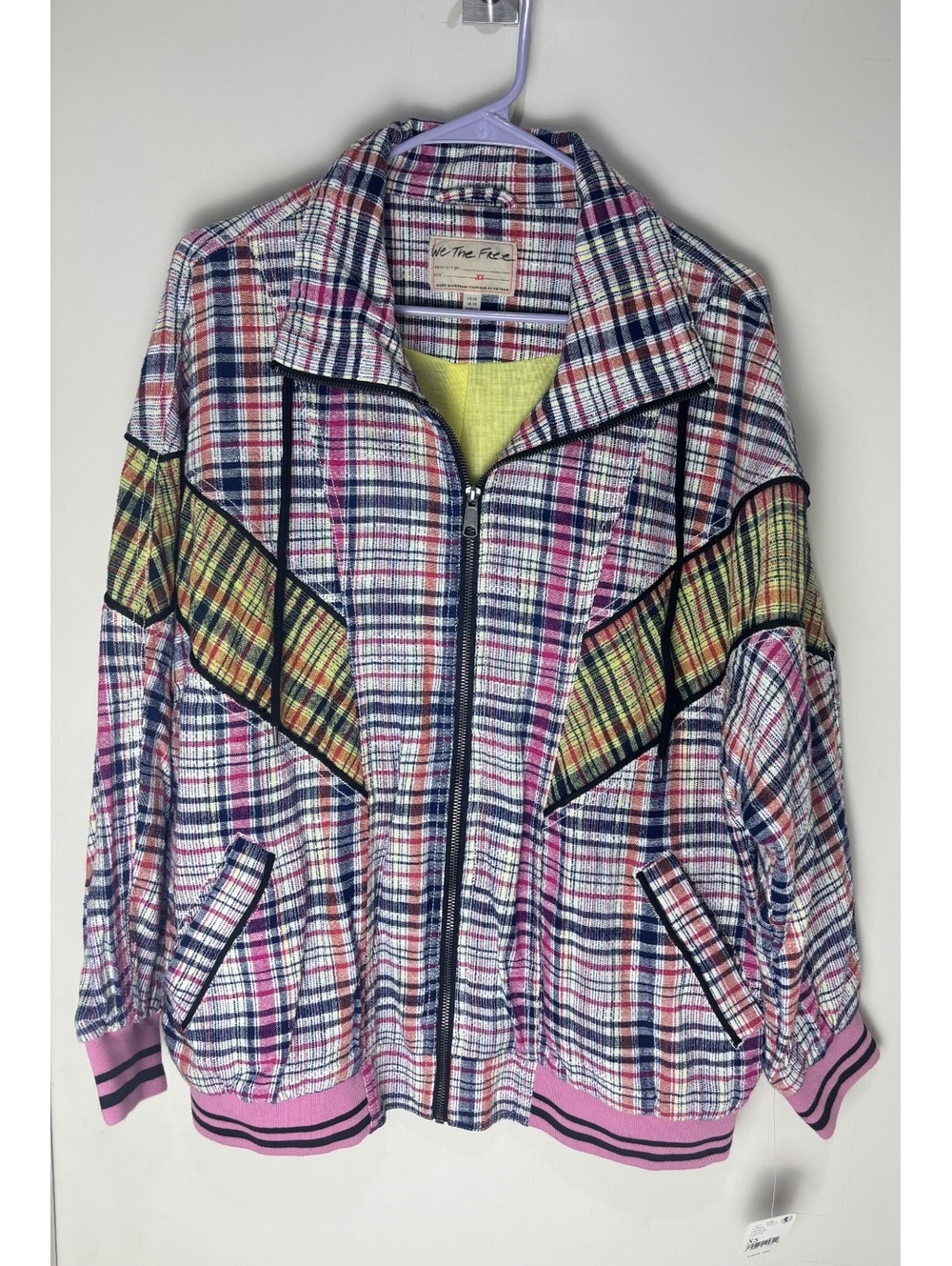 Free People Penny Track Plaid Bomber Jacket XS NWT Oversized Pink